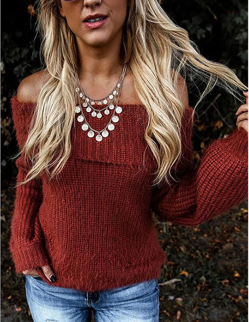 Fashion Red Lapel Off-the-shoulder Oblique Collar With Two Lantern Sleeve Sweaters