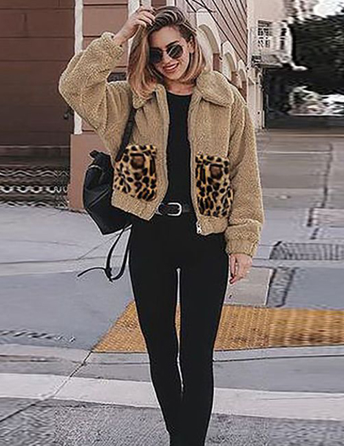 Fashion Khaki Leopard Pocket Stitching Metal Zipper Plush Padded Jacket