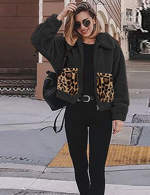 Fashion Black Leopard Pocket Stitching Metal Zipper Plush Padded Jacket