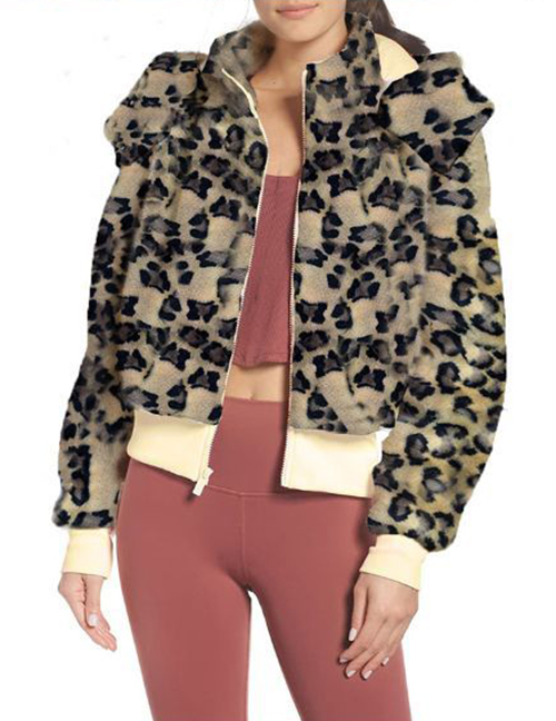 Fashion Leopard Lapel Hooded Zipper Plush Jacket