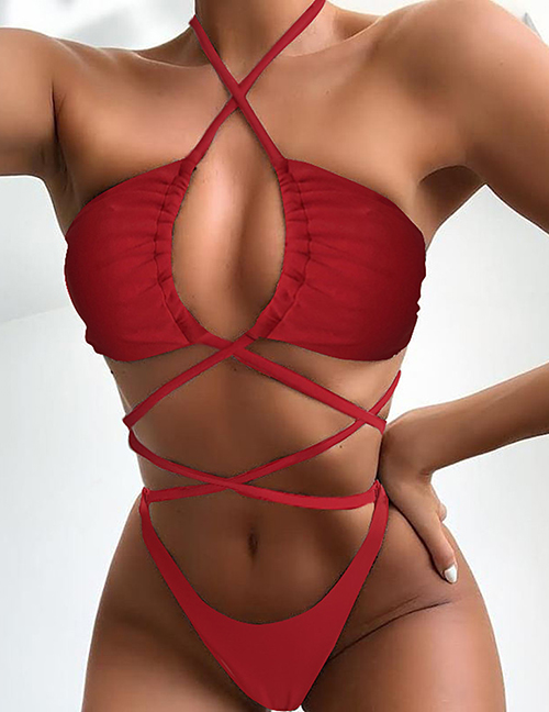 Fashion Red Drawstring Bandage One-piece Swimsuit