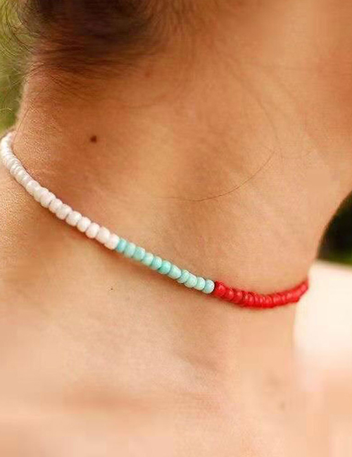 Fashion White+blue+red Starfish Shell Rice Beads Necklace