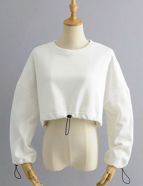 Fashion White Hem Drawstring Exposed Navel Pullover Sweater