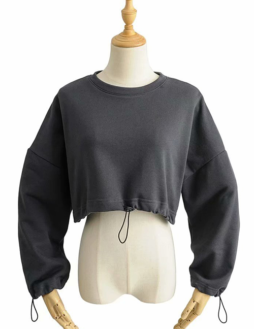 Fashion Gray Hem Drawstring Exposed Navel Pullover Sweater