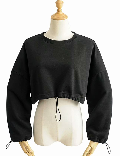 Fashion Black Hem Drawstring Exposed Navel Pullover Sweater