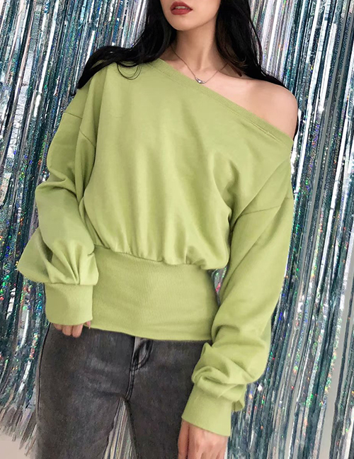 Fashion Fruit Green Slanted Shoulder Collar Sweater