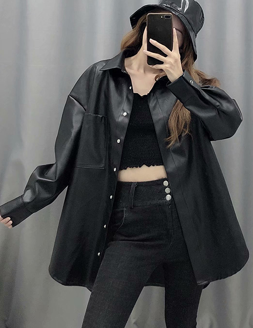 Fashion Black Faux Leather Single-breasted Shirt