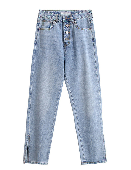 Fashion Blue Single-breasted Split-washed Jeans