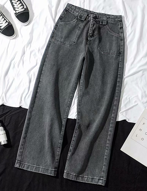 Fashion Gray Washed High-rise Wide-leg Jeans