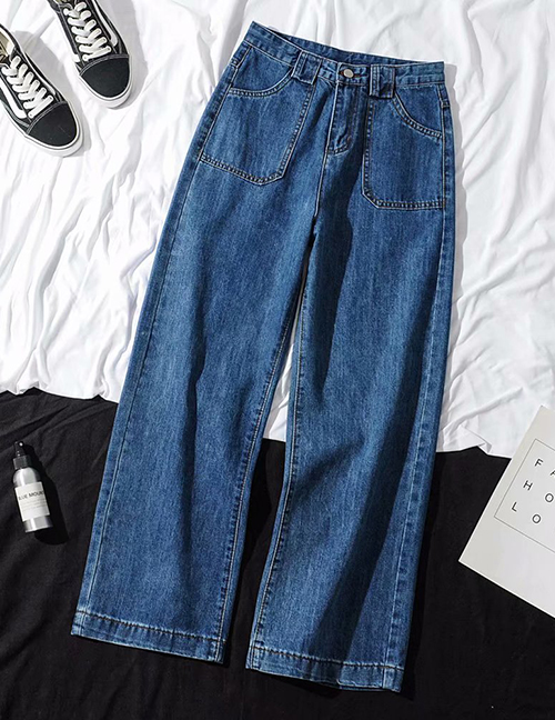 Fashion Blue Washed High-rise Wide-leg Jeans