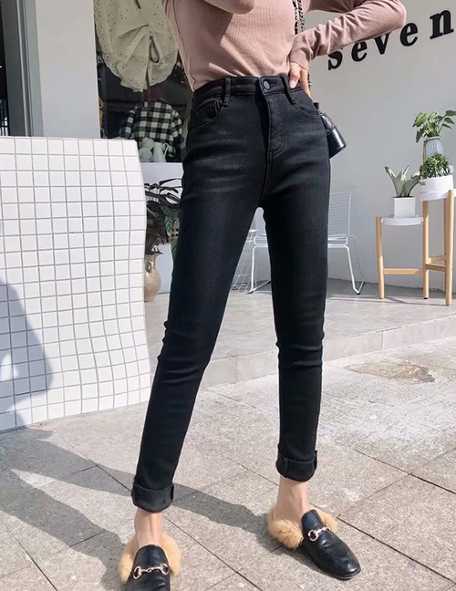 Fashion Black Elastic And Velvet Jeans