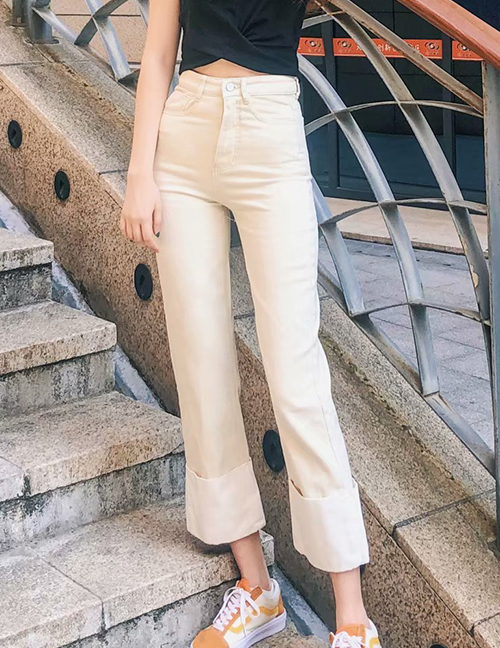 Fashion White Washed Trousers Cuffed Printed High Waist Straight Jeans