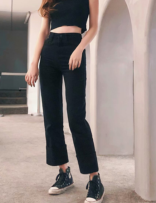Fashion Black Washed Trousers Cuffed Printed High Waist Straight Jeans
