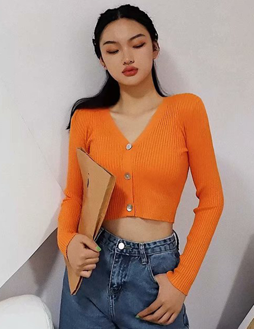 Fashion Orange V-neck Single-breasted Knit T-shirt