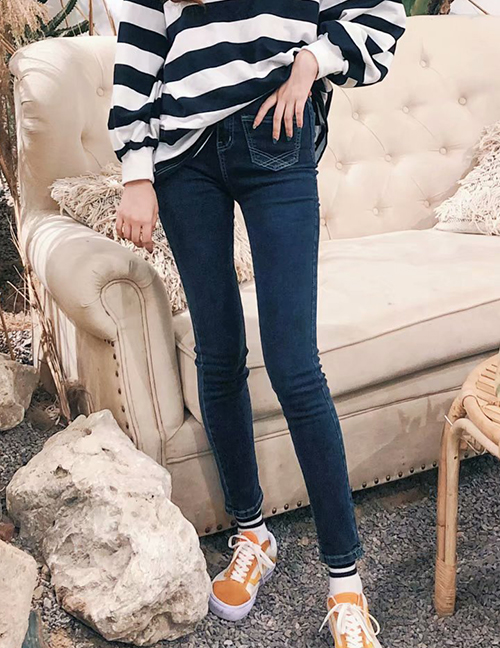 Fashion Blue Black Washed Front Double Pocket High Waist Stretch Feet Jeans