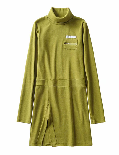Fashion Avocado Green Threaded Zip Open Dress