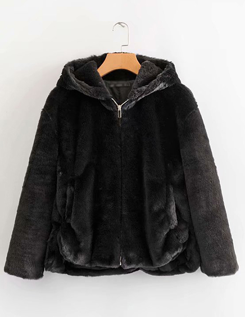 Fashion Black Hooded Fur Zip Coat