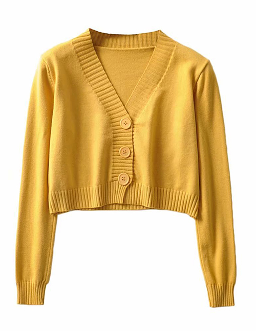 Fashion Yellow V-neck Single-breasted Sweater