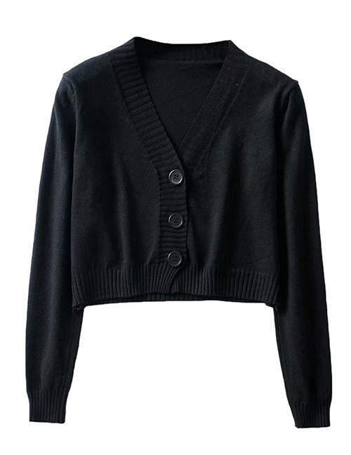 Fashion Black V-neck Single-breasted Sweater