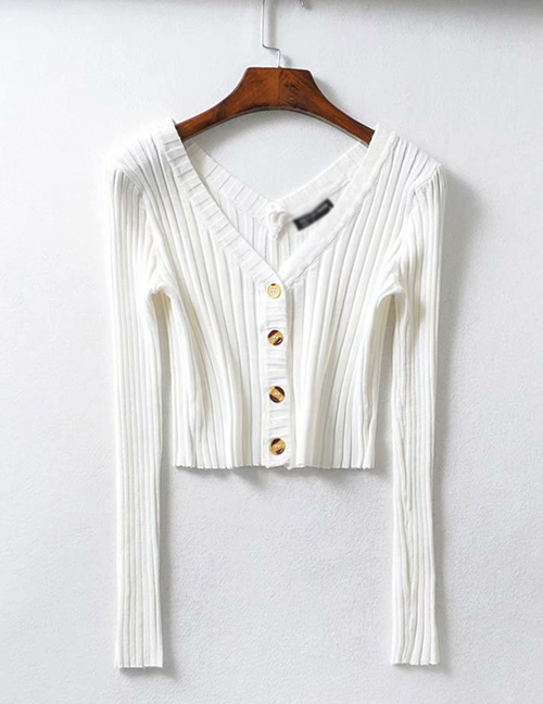 Fashion White Knit V-neck Single-breasted Sweater