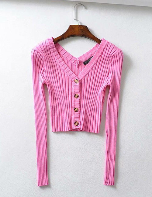 Fashion Rose Red Knit V-neck Single-breasted Sweater
