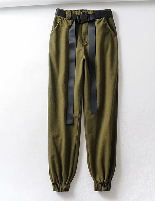 Fashion Green Contrast Tie Straight Pants