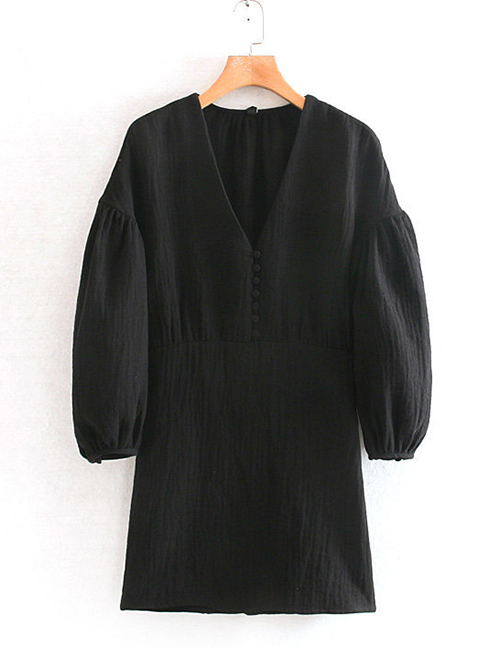 Fashion Black V-neck Fluffy Long-sleeved Dress