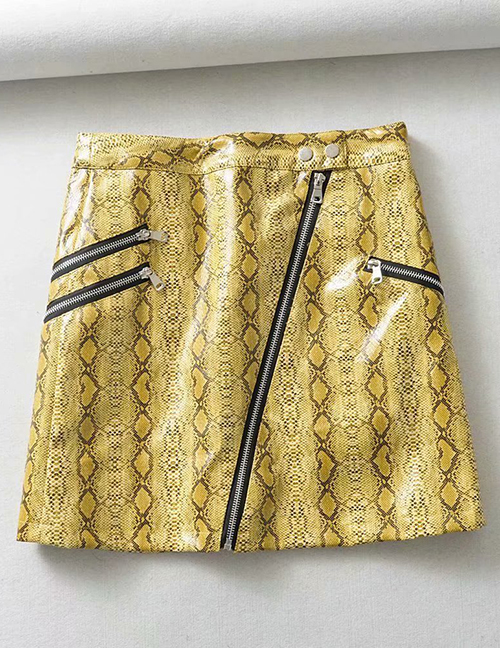 Fashion Yellow Snake-embossed Multi-zip Half-length Leather Skirt