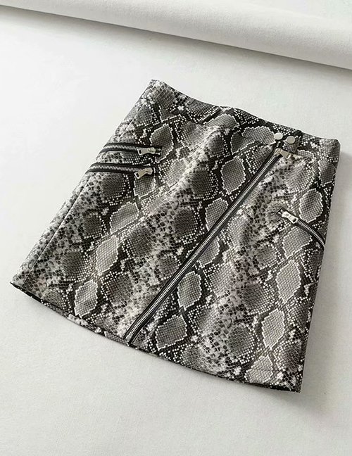 Fashion Gray Snake-embossed Multi-zip Half-length Leather Skirt