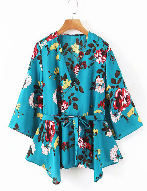 Fashion Blue Flower Print V-neck Lace-up Shirt
