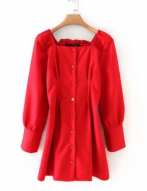 Fashion Red Square Collar Buckled Waist Dress