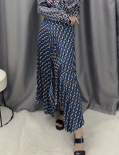 Fashion Blue Geometric Printed Split Pleated Skirt