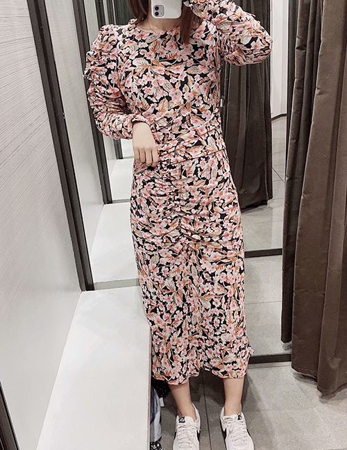 Fashion Color Floral Print Pleated Dress