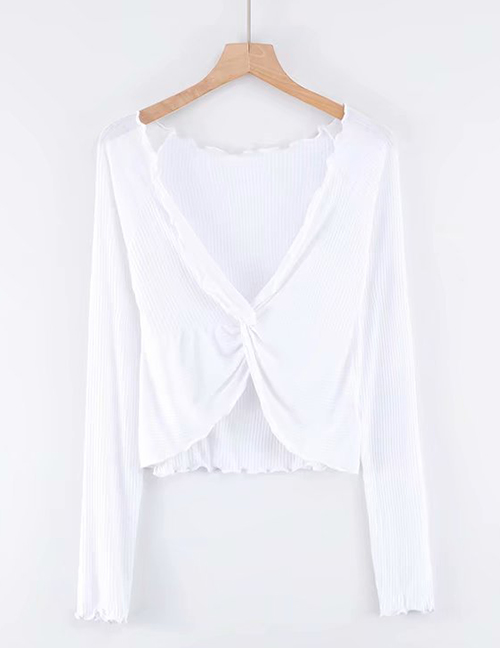 Fashion White Deep V Cross Long Sleeve T-shirt