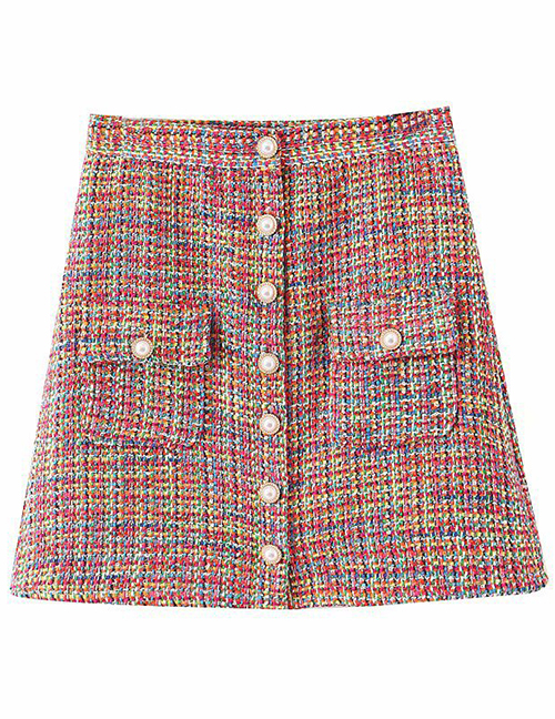 Fashion Color Pearl Buckle Plaid Stitch Skirt