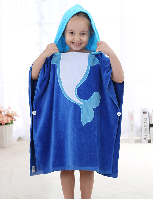 Fashion Blue Dolphin Cotton Hooded Children's Bathrobe
