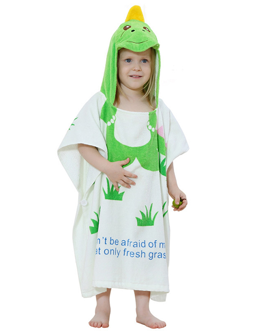 Fashion White-green Frog Cartoon Hooded Wool Print Children's Bathrobe