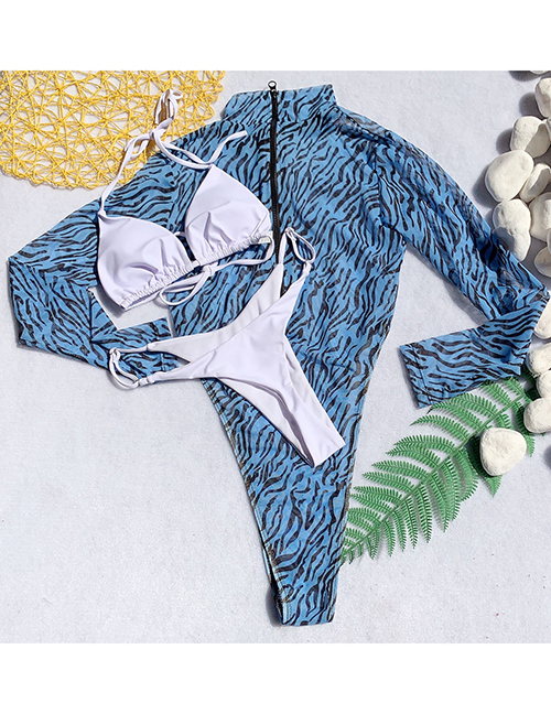 Fashion Blue Three-piece Lace-up Zip Strap Bikini Set Of 3