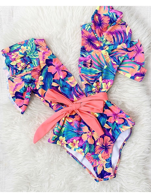 Fashion Color Floral Printed Lace-up One-piece Swimsuit