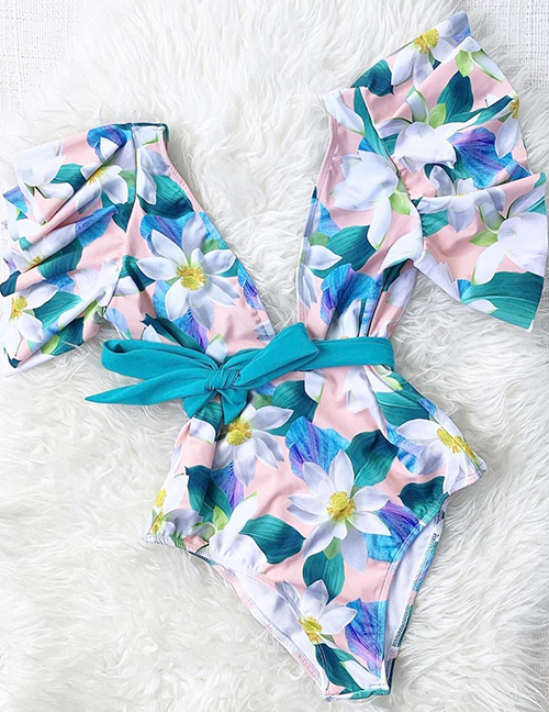 Fashion Pink Blue White Flower Floral Printed Lace-up One-piece Swimsuit