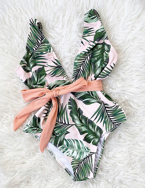 Fashion Foundation Green Leaves Floral Printed Lace-up One-piece Swimsuit