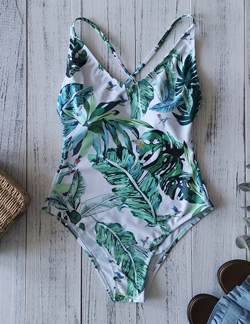 Fashion Green Leaves On White Small Floral Print Halter One-piece Swimsuit