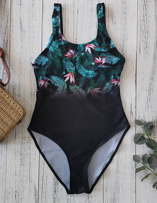Fashion Gradient Water Lily Flower Printed Gradient Backless One-piece Swimsuit