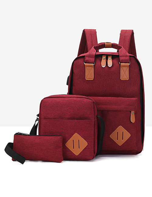 Fashion Red Wine Contrast Stitching Usb Charging Backpack Three-piece Suit
