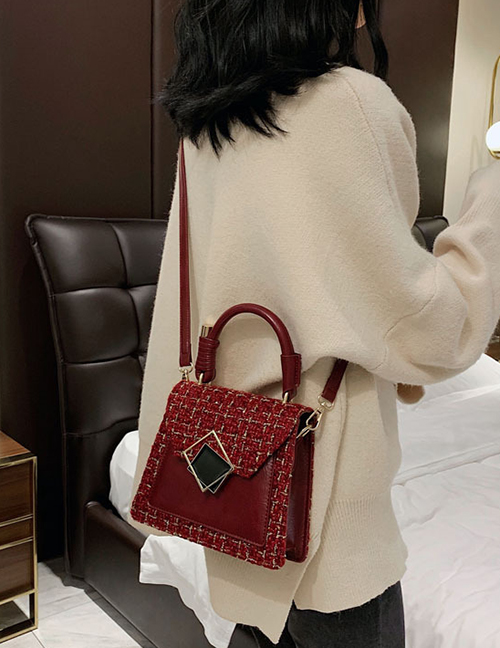 Fashion Red Wine Wool Plaid Stitching Portable Slung Shoulder Bag