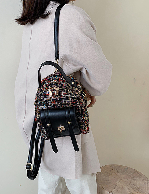 Fashion Black Woolen Stitching Backpack