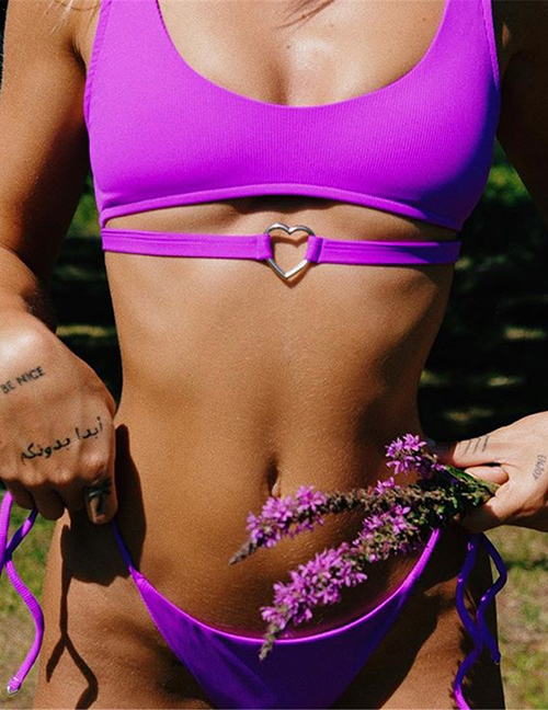 Fashion Purple Chest Pad Gathers Solid Color Love Bikini