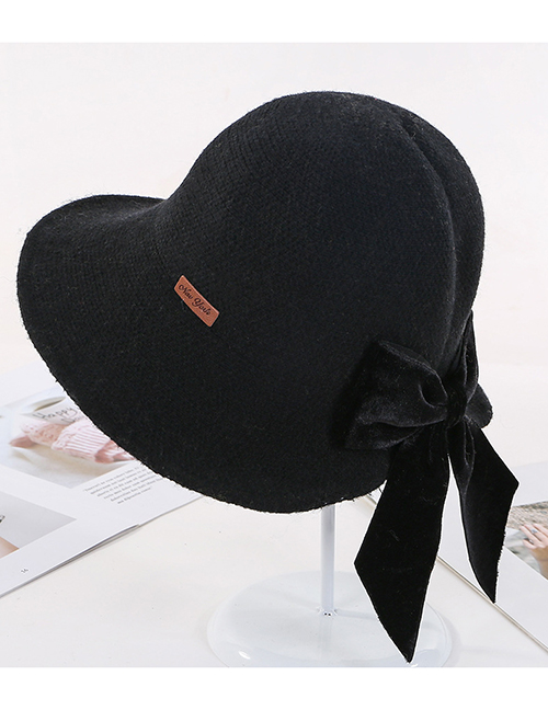 Fashion Black Knit Fisherman Hat With Bow Tie