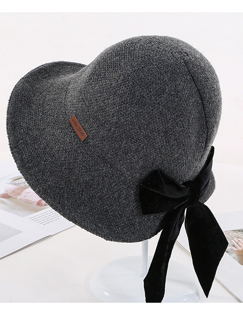 Fashion Dark Gray Knit Fisherman Hat With Bow Tie