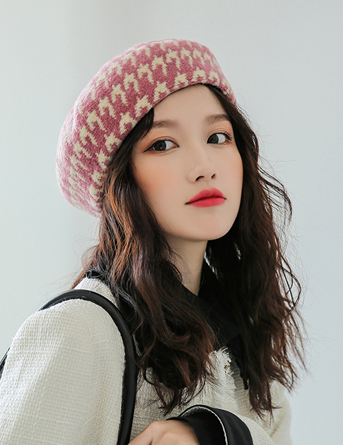 Fashion Pink Houndstooth Wool Beret